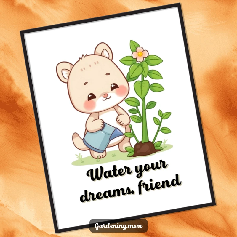 Funny free printable wall art: Mom animal character watering a lush, vibrant plant with a smile.