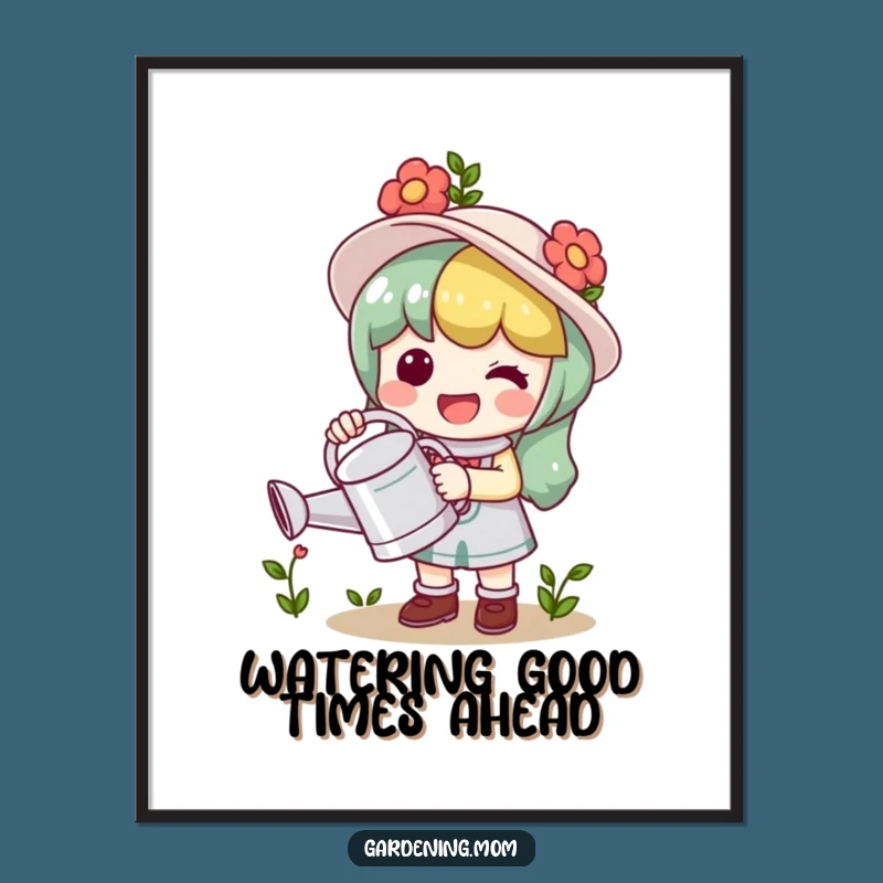 Free Printable Wall Art: Funny Kawaii Gardener with Watering Can, Downloadable Decor!