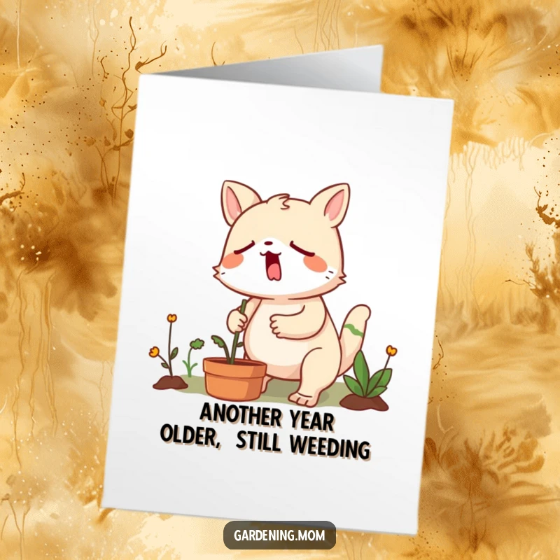 Funny Free Printable Birthday Card: A gardening animal character looks tired, yawning dramatically while determinedly weeding a garden patch.