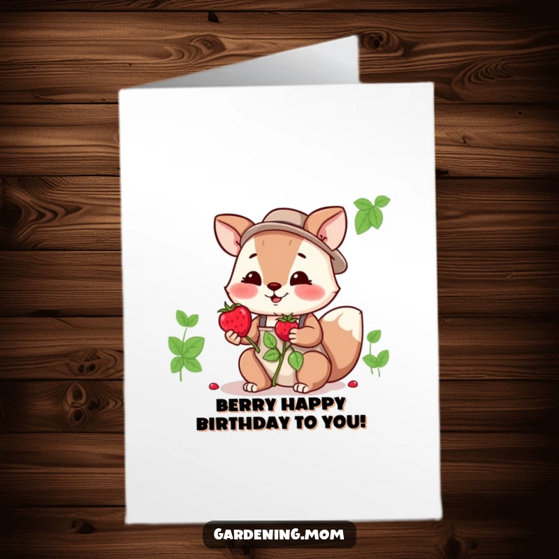 Funny Free Printable Birthday Card: Gardening mom animal offering a fresh berry, kind and sweet, perfect DIY gift.