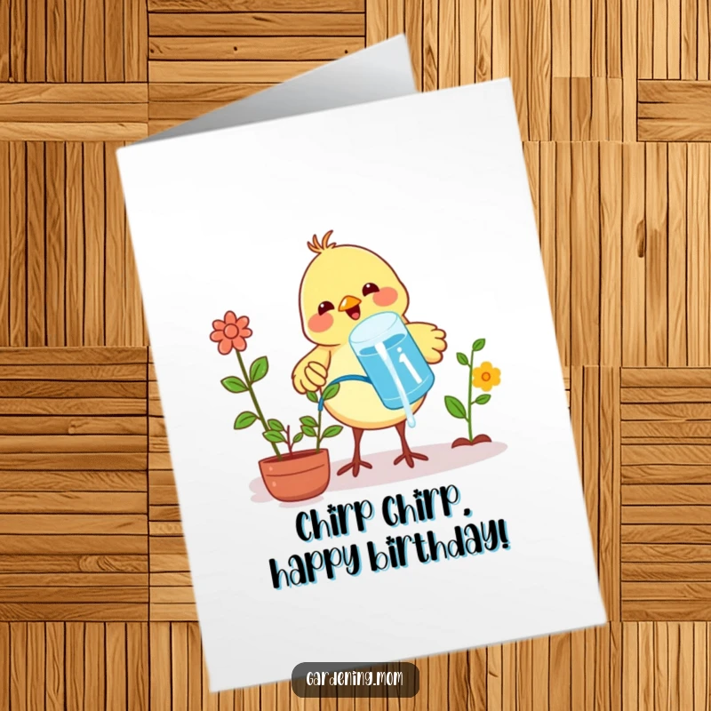Funny Free Printable Birthday Card: A cheerful little bird proudly waters plants with a beak full of water, celebrating a birthday.