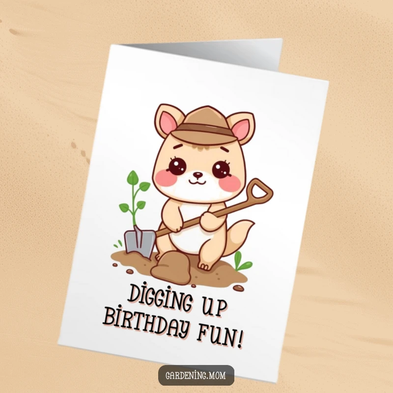 Funny free printable birthday card showing an energetic animal character happily digging with a small shovel, ready for garden fun.