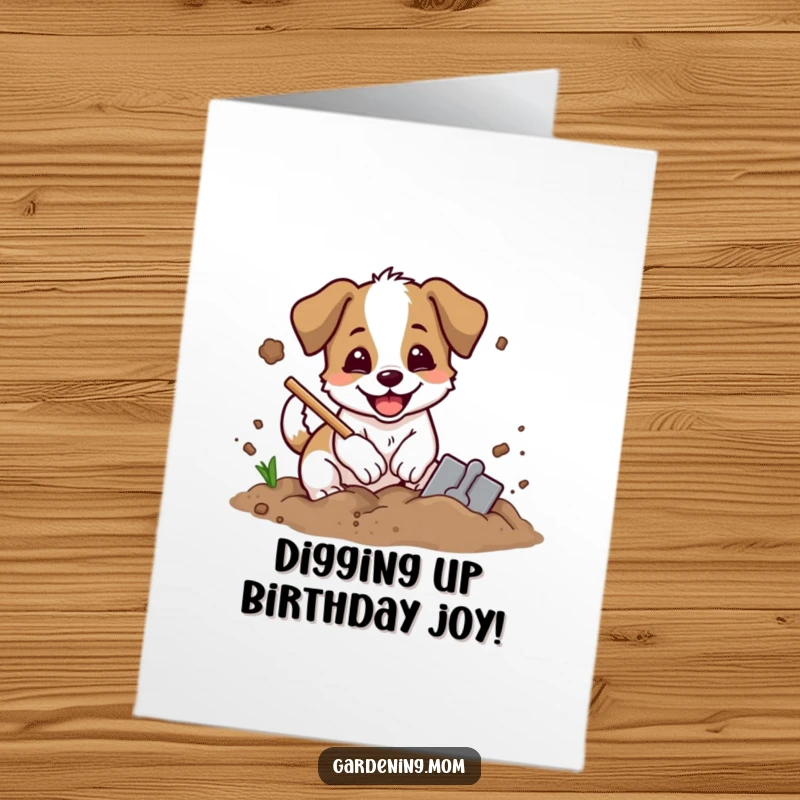 Funny Free Printable Digging Dog Birthday Card: An excited dog digs with a shovel, sending dirt flying for a wild birthday celebration.