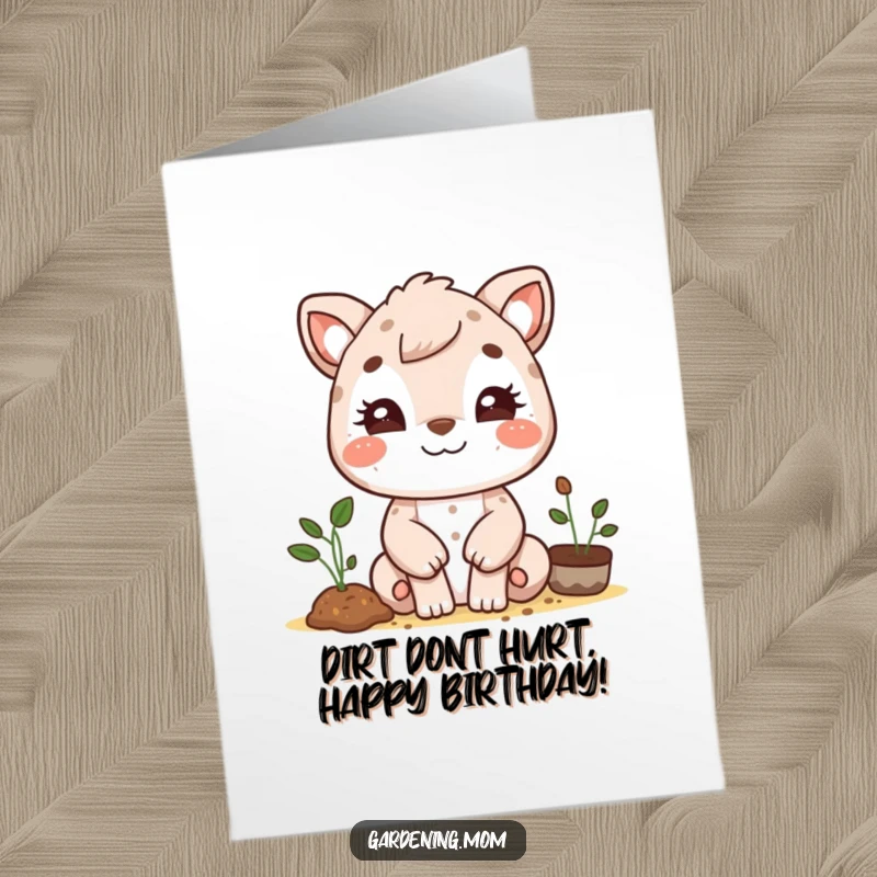 Funny Free Printable Birthday Card: Cheerful gardening mom animal with dirt smudges, ready to celebrate, ideal DIY gift.