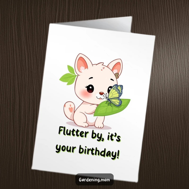 Funny Free Printable Birthday Card: Animal Character Gently Admiring a Bright Butterfly on a Green Leaf