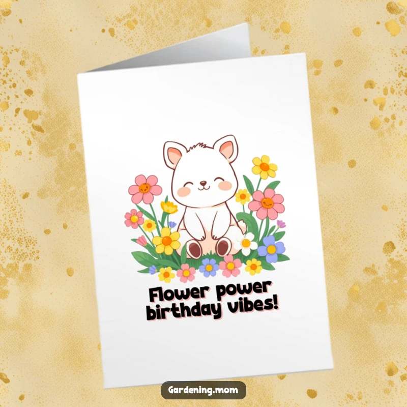 Funny Free Printable Birthday Card featuring contented animal character sitting peacefully among vibrant flowers, smiling.