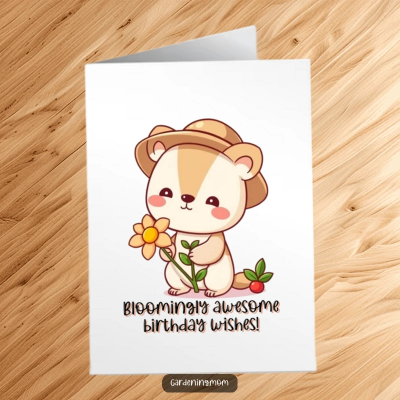 Funny Free Printable Birthday Card featuring a cute animal in a gardening hat holding a vibrant blooming flower.