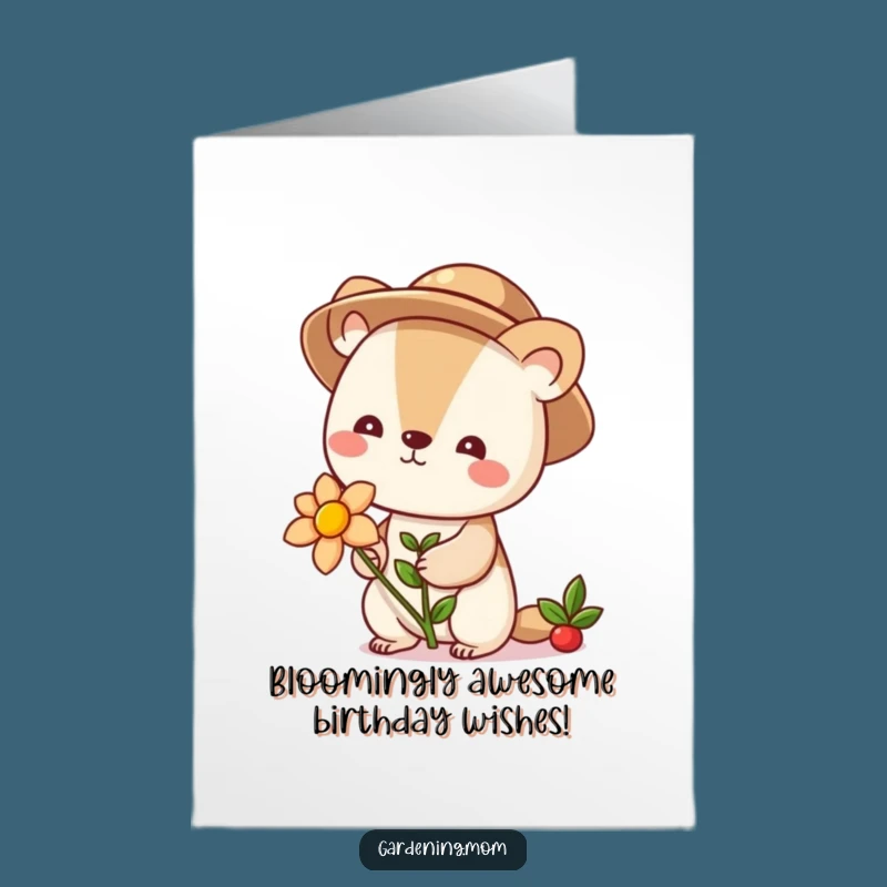 Free Printable Birthday Card: Cute Gardener Animal, Blooming Flower Funny Downloadable Gift