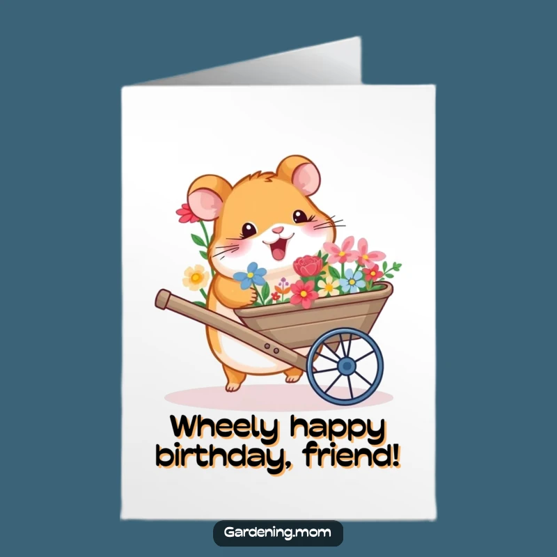 Free Printable Birthday Card: Funny Hamster Flower Wheelbarrow - Downloadable DIY Gift