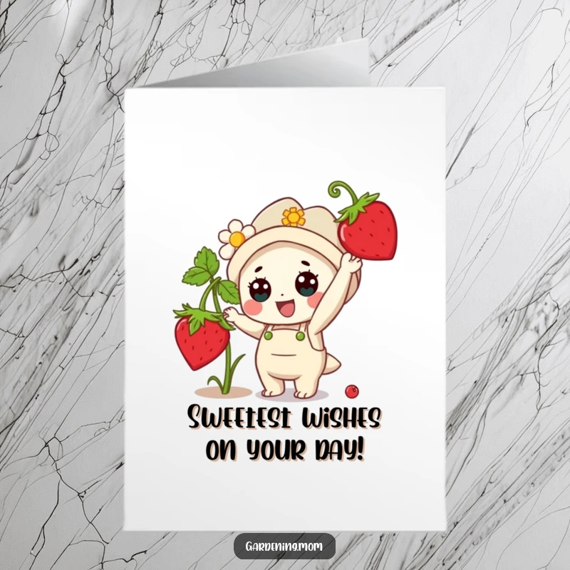 Funny Free Printable Birthday Card: Gleeful Kawaii gardener enthusiastically reaches for a plump, ripe strawberry, embodying birthday joy and sweet delights.