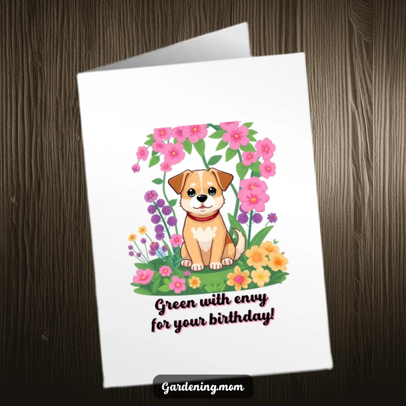 Funny Free Printable Birthday Card: A content dog sits peacefully amidst a lush, vibrant garden.