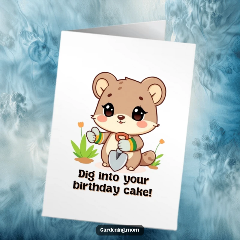Funny Free Printable Birthday Card: Animal Gardener in Gloves Holding a Small Shovel, Ready to Plant Fun