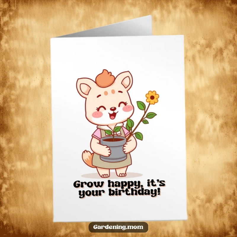 Funny Free Printable Birthday Card: Cheerful gardening mom animal holding a tiny potted sprout, celebrating a birthday with nature.