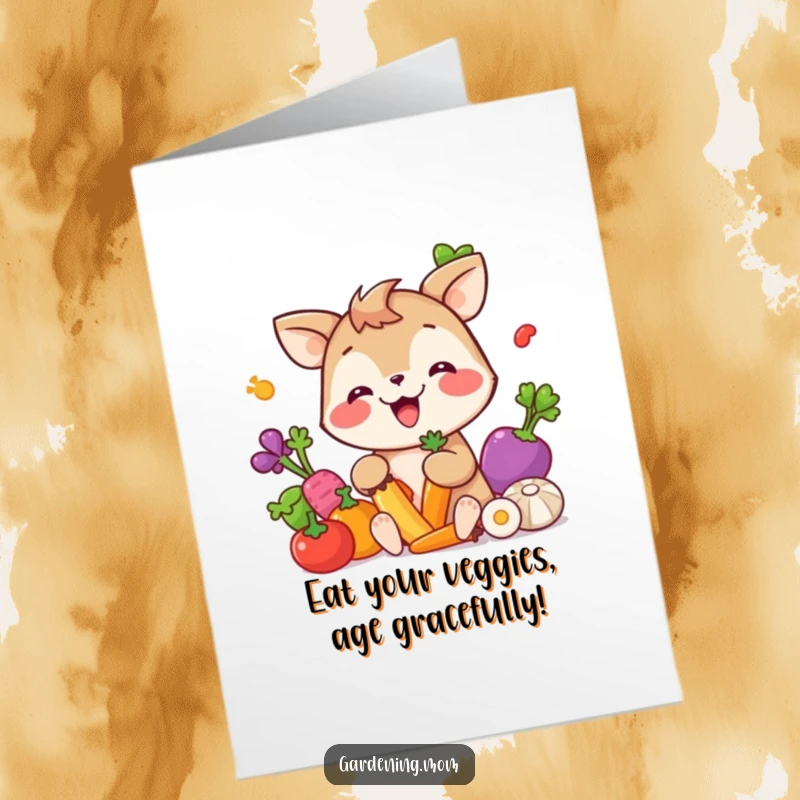 Funny Free Printable Birthday Card: Giggling Animal Character Picking Colorful Vegetables with Utter Delight