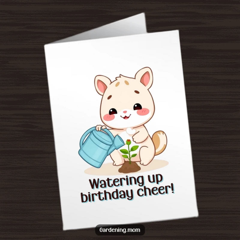 Funny Free Printable Birthday Card featuring a happy animal watering a small plant with a watering can.