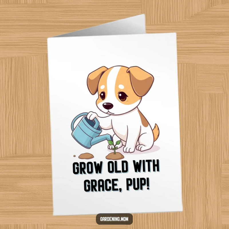Funny free printable birthday card featuring a hopeful dog watering a tiny sprout, symbolizing growth and new beginnings.