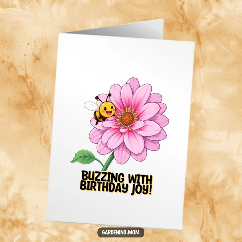 Funny Free Printable Birthday Card: A smiling bee joyfully buzzes around a giant, blooming flower, celebrating a special birthday.