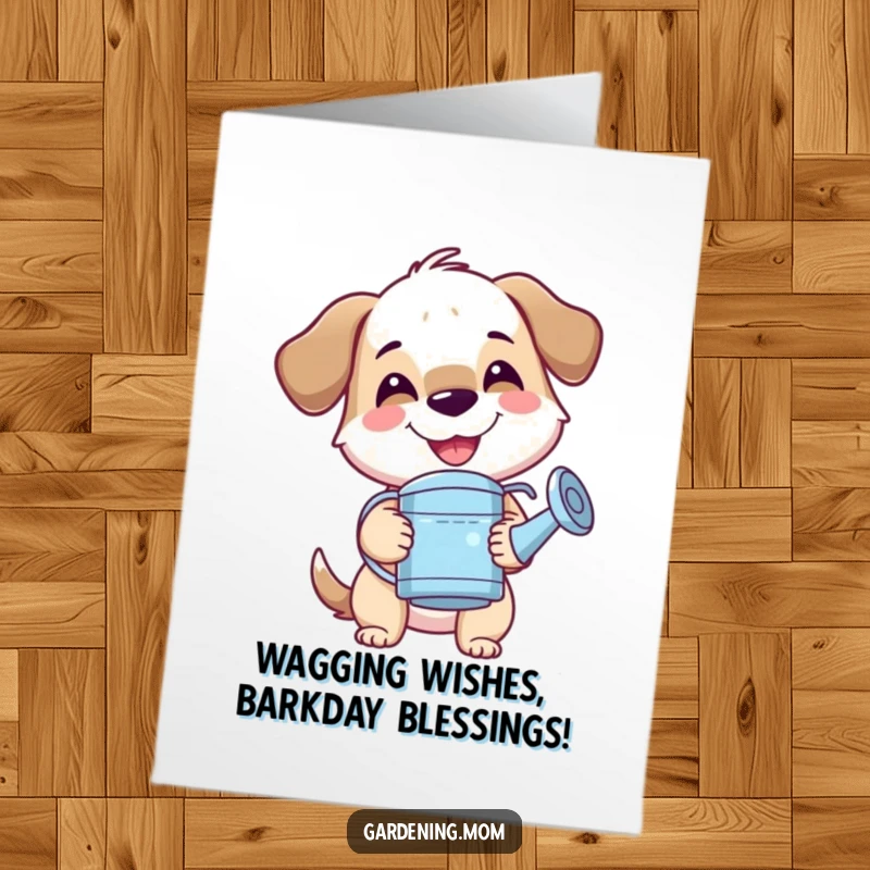 Funny Free Printable Birthday Card: Mama dog with a big smile, holding a watering can, ready to make spirits grow.