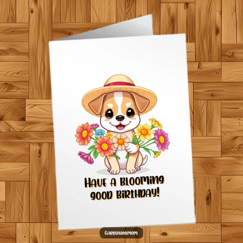 Funny free printable birthday card featuring a dog in a sun hat holding colorful flowers, embodying summer fun.