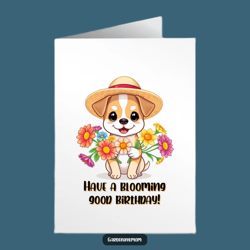 Free Printable Birthday Card: Sunny Dog with Flowers, Funny Downloadable Gift