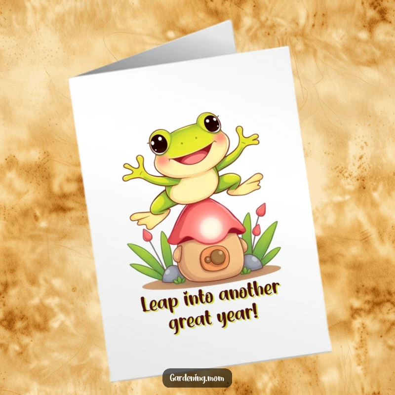 Funny Free Printable Birthday Card: Playful frog with a huge smile mid-jump over a surprised garden gnome, celebrating your day.