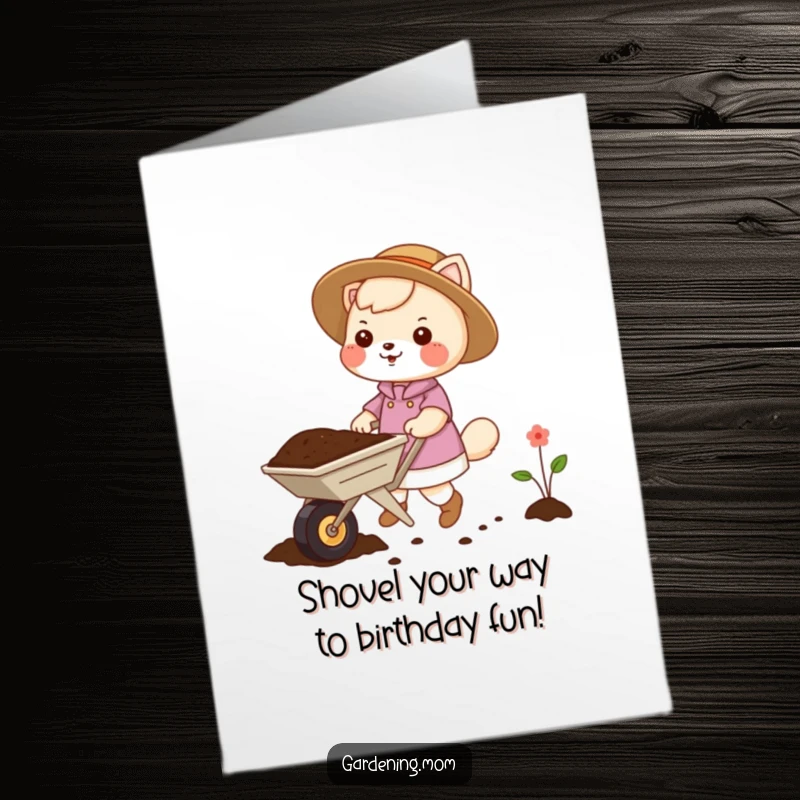 Funny Free Printable Birthday Card: Gardening mom animal pushing wheelbarrow full of soil, ready for fun, perfect DIY gift.