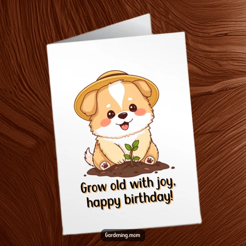 Funny Free Printable mama dog birthday card with a sun hat happily planting a small seedling.