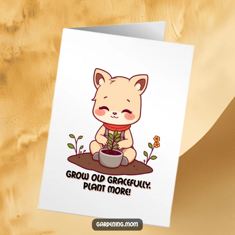 Funny free printable birthday card: Cute mom animal character happily planting a tiny seedling, ready for a celebratory grow.