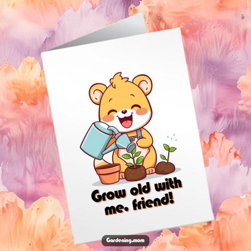 Funny Free Printable Birthday Card featuring a delighted gardening animal watering a tiny sprout with a watering can, spreading birthday cheer.