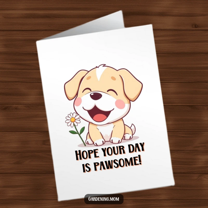 Funny Free Printable Birthday Card: Mama dog with a delighted expression, happily admiring a beautiful blooming daisy.