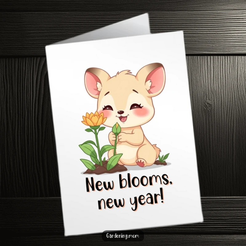 Funny free printable birthday card: Mom animal character excitedly examining a small, new green bud on a plant.