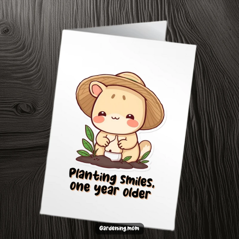 Funny Free Printable Birthday Card: smiling gardener animal in a straw hat carefully planting a bulb, wishing a happy birthday.