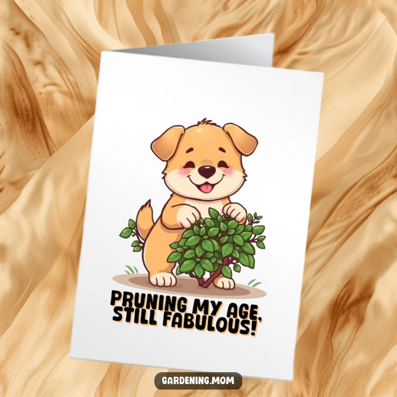 Funny Free Printable Birthday Card: A determined dog cheerfully prunes a small bush, ready to celebrate your special day.