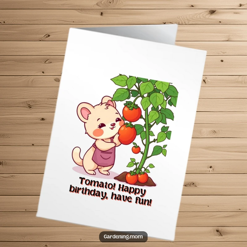 Funny Free Printable Birthday Card: Gardening mom animal reaching for a ripe tomato on a vine, focused and fun, perfect DIY gift.
