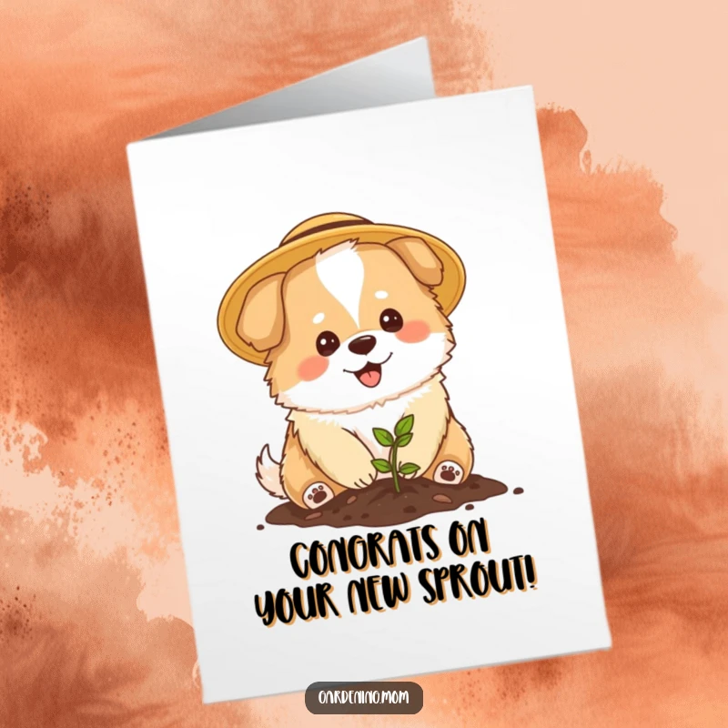 Funny Free Printable mama dog congratulations card showing a dog in a sun hat planting a seedling.