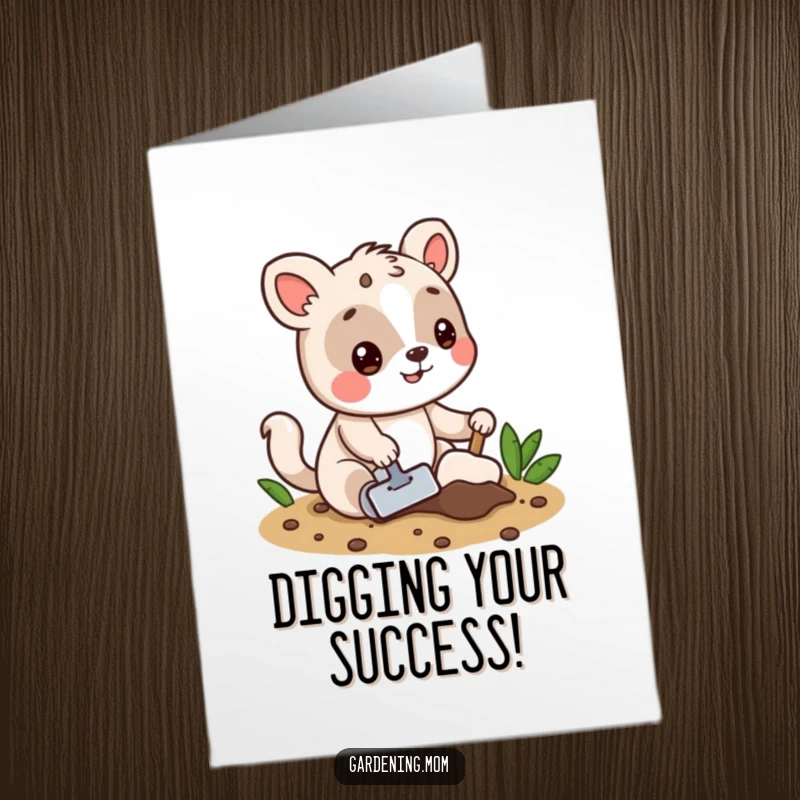 Funny Free Printable Congrats Card: Energetic animal character digging in soil, representing hard work and new beginnings.