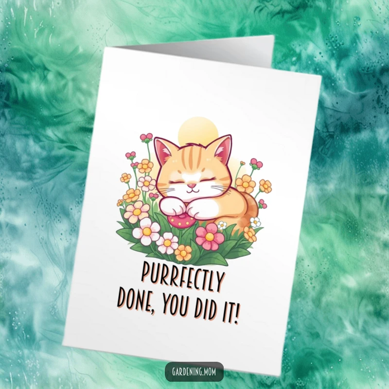 Funny Free Printable Congratulations Card: A peaceful cat napping in flowers, embodying contented success and sweet relaxation.