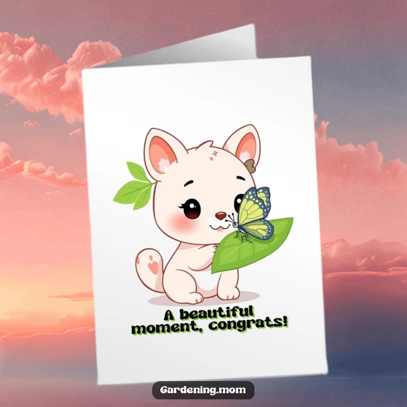 Funny Free Printable Congratulations Card: Animal Character Admiring a Bright Butterfly Perched on a Leaf