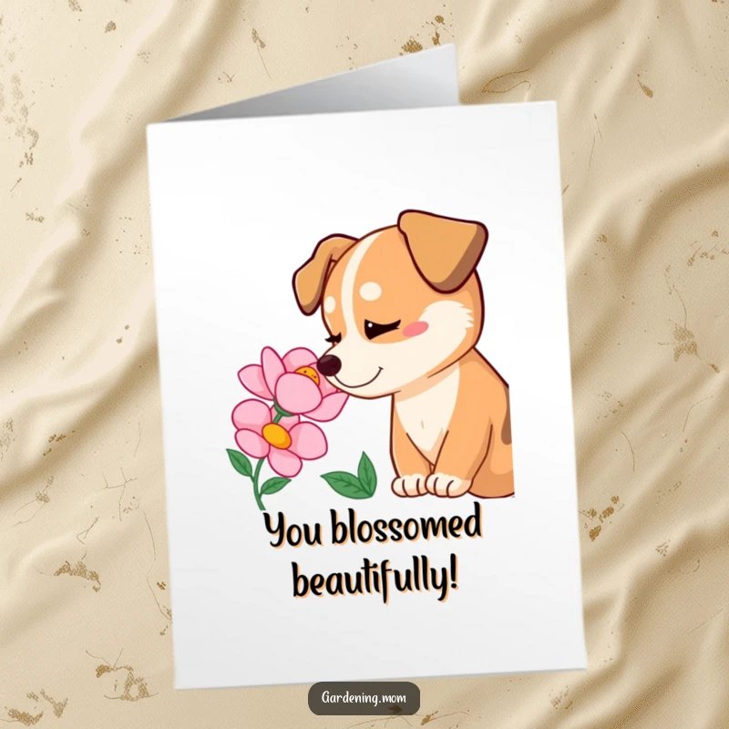 Funny free printable congratulations card of a dog delighted by a blooming flower, symbolizing appreciation and success.