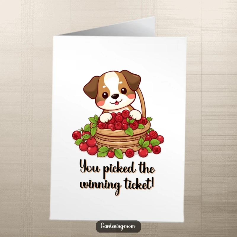 Funny Free Printable Congratulations Card: A dog proudly displays a basket brimming with ripe, red berries.