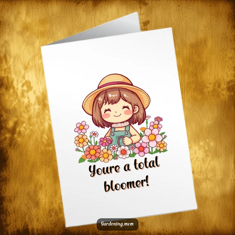 Funny Free Printable Congrats Card: A smiling gardener in a straw hat enjoys a garden full of blooming flowers.