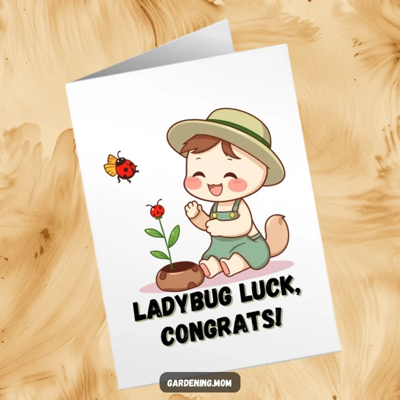 Funny Free Printable Congratulations Card: Giggling gardening mom animal petting a ladybug, celebrating success, perfect DIY gift.