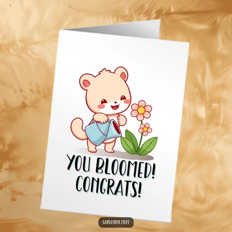 Funny Free Printable Congrats Card: Cheerful animal character watering a flourishing flower, symbolizing growth and success.