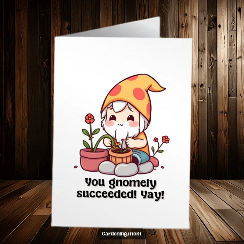 Funny Free Printable Congrats Card: Focused Kawaii gardener lovingly creates a small garden gnome, celebrating artistic achievement and dedication.