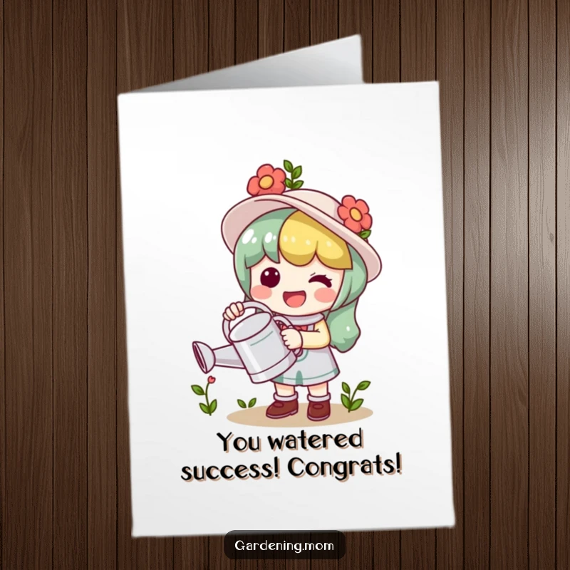 Funny Free Printable Congrats Card: Ecstatic Kawaii gardener joyfully holds a watering can, symbolizing nurturing success and celebrating achievements.