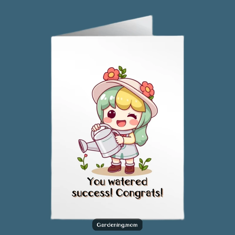 Free Printable Congrats Card: Happy Kawaii Gardener & Watering Can for Sparkling Success!