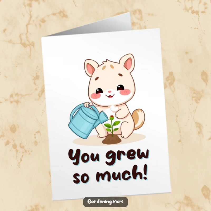 Funny Free Printable Congratulations Card showing a happy animal character watering a plant with a watering can.