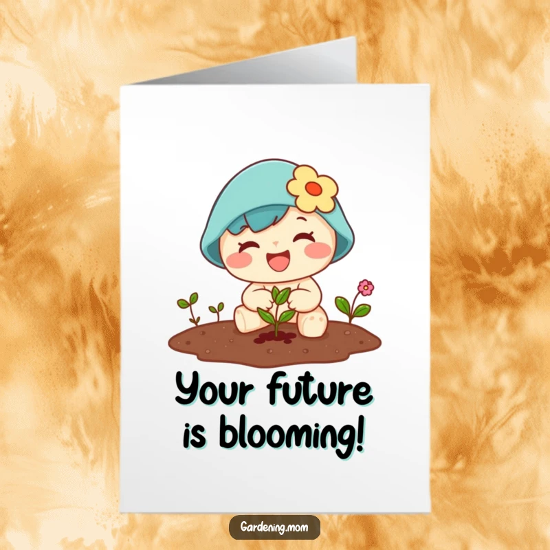 Funny Free Printable Congrats Card: A cheerful kawaii character joyfully plants a small seed, symbolizing new beginnings and success.