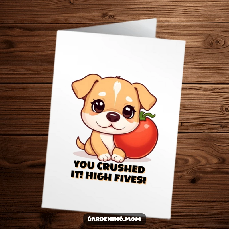 Funny Free Printable Congratulations Card: Mama dog peeking curiously from behind a large tomato, ready to celebrate your success.