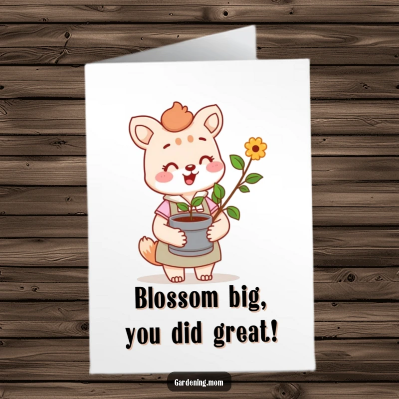 Funny Free Printable Congratulations Card: Cheerful gardening mom animal holding a potted sprout, symbolizing growth and congratulations.